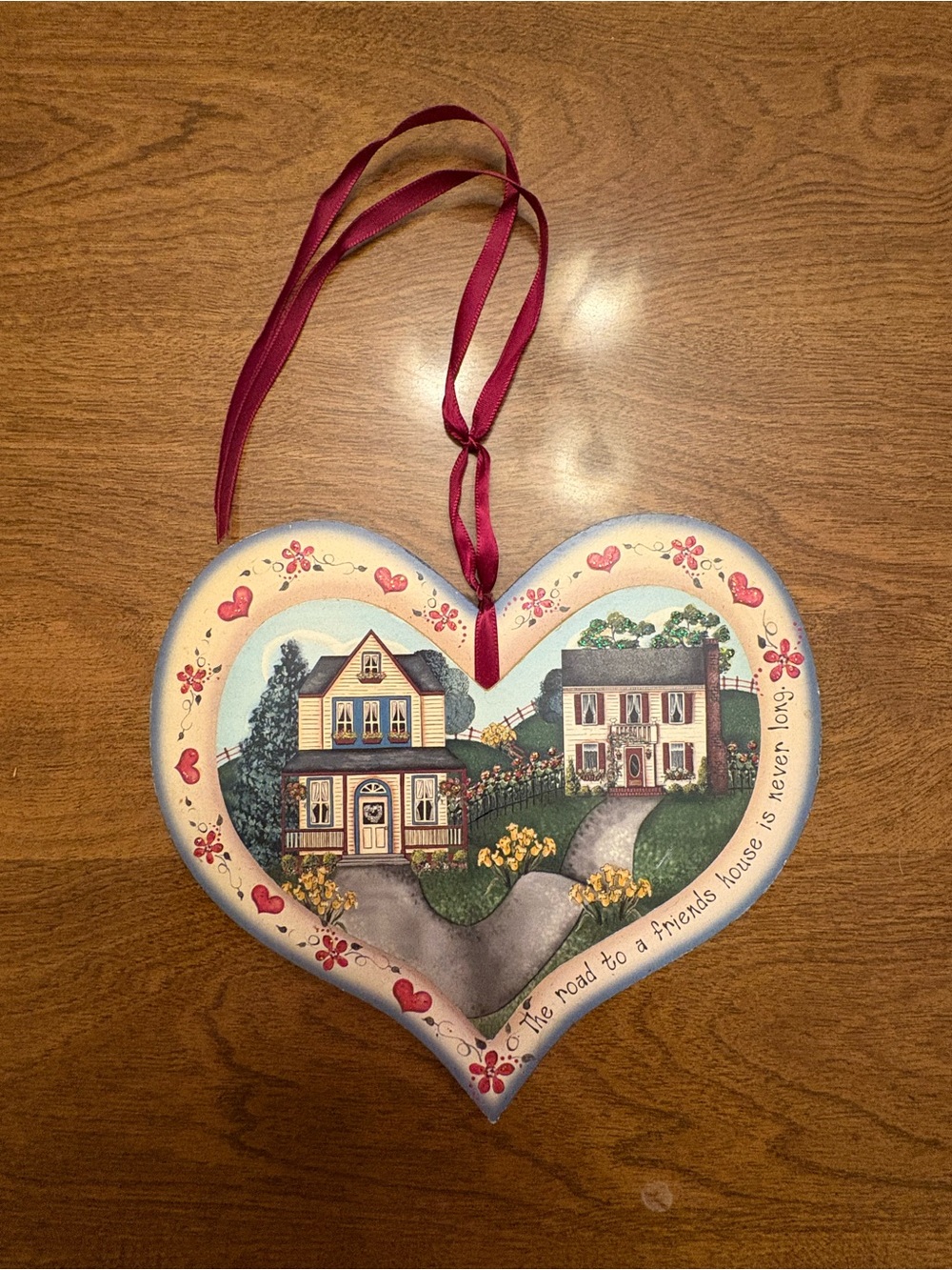 Brandywine Woodcrafts Blue Heart Hanging Ornament with Red Ribbon
